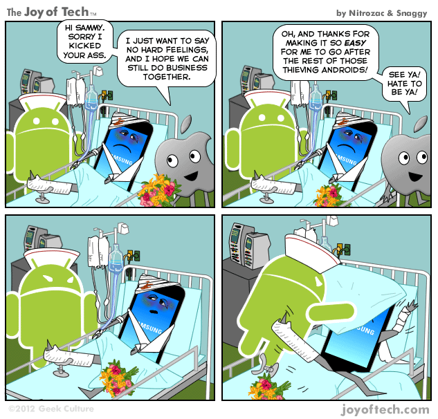 The Joy of Tech comic, Apple visits Samsung in the hospital.